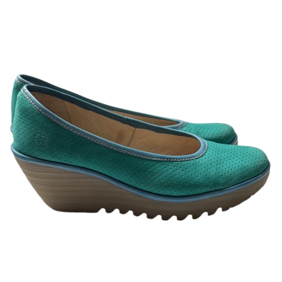 Fly London Shoes Blue Green Suede Slip on Platform Size 41 US 10 - 10 1/2 - Picture 2 of 11
